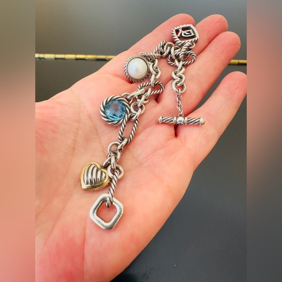 David Yurman Authentic Luxury Vintage Pearl Blue Topaz 18K Silver Charm Bracelet - Picture 13 of 17